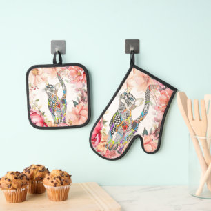 Beautiful Floral Cat Quilted Oven Mitt & Pot Holder Set