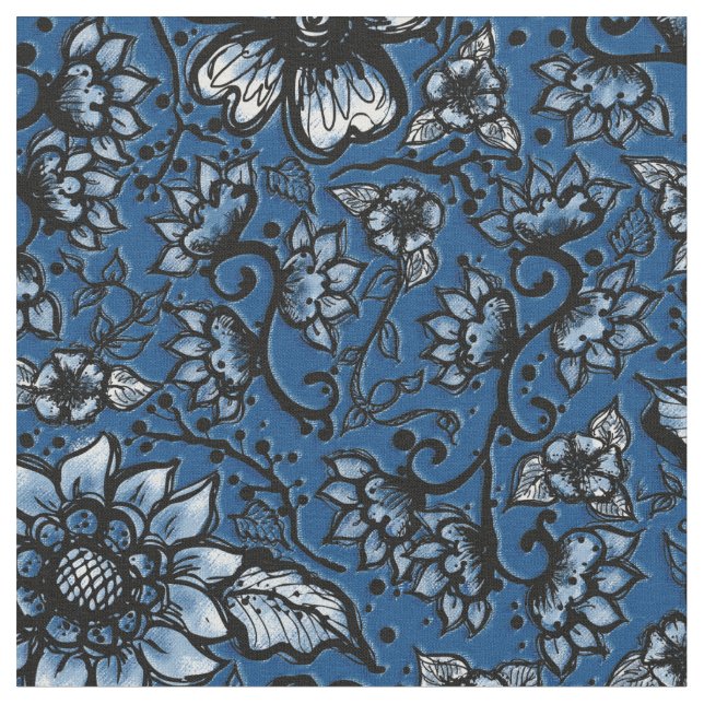 Beautiful Floral Classic Blue and Black Fabric (Close Up)