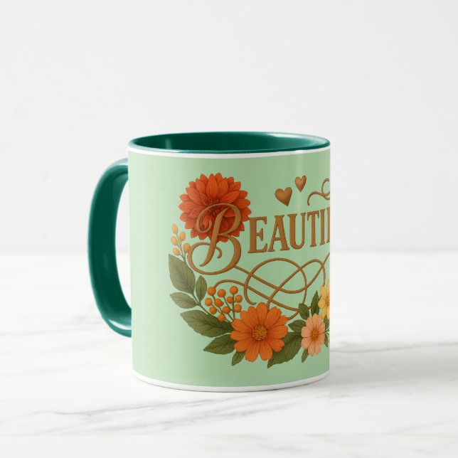 Beautiful Floral Coffee Mug Elegant Gold & Orange (Front Left)