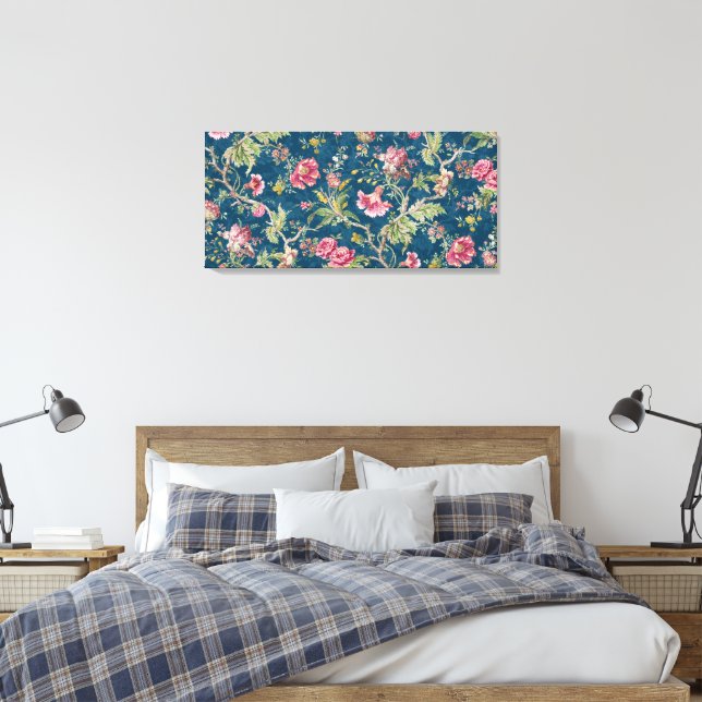 Beautiful Floral Colourful Flowers Blue Background Canvas Print (Insitu(Bedroom))