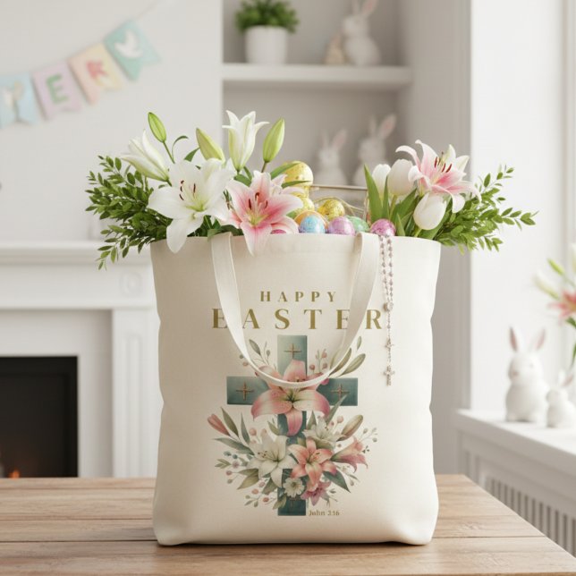 Beautiful Floral Cross Happy Easter Christian Tote Bag (Beautiful Floral Cross Happy Easter Christian Tote Bag)