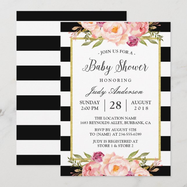 Beautiful Floral Decor Modern Stripes Baby Shower Invitation (Front/Back)