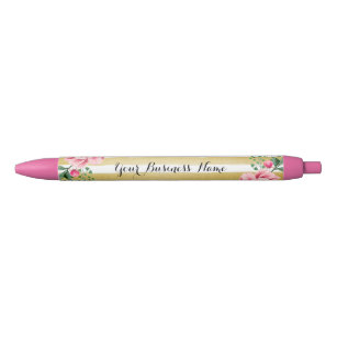 Beautiful Floral Decor with White Gold Stripes Black Ink Pen
