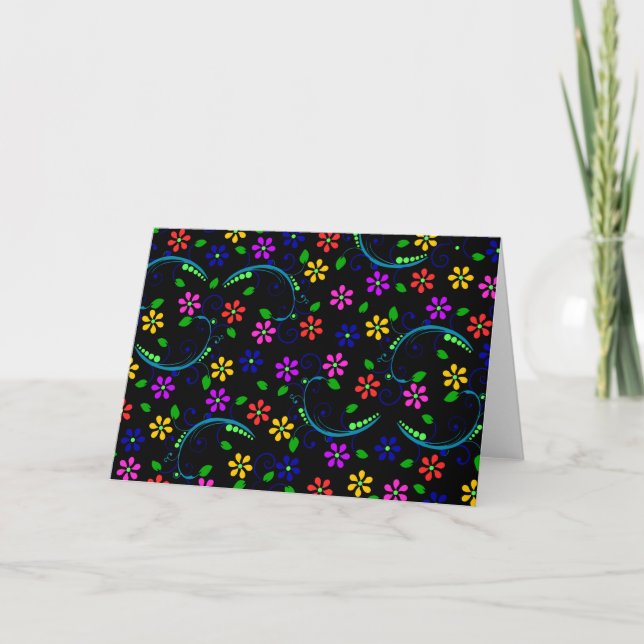Beautiful Floral Design on Black Background Card (Front)