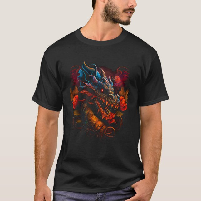 Beautiful Floral Dragon  Fantasy Sharp Teeth Cool T-Shirt (Front)