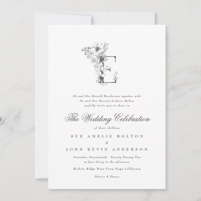 Beautiful Floral 'E' Monogram Sketched Wedding Invitation (Front)