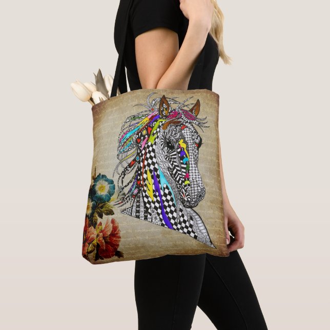 Beautiful Floral Equestrian Horse Tote Bag (Close Up)
