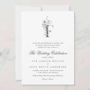 Beautiful Floral 'F' Monogram Sketched Wedding Invitation