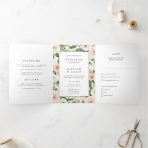 Beautiful Floral Frame All-In-One Wedding Tri-Fold Invitation