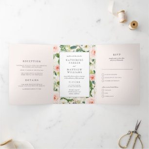 Beautiful Floral Frame All-In-One Wedding Tri-Fold Invitation