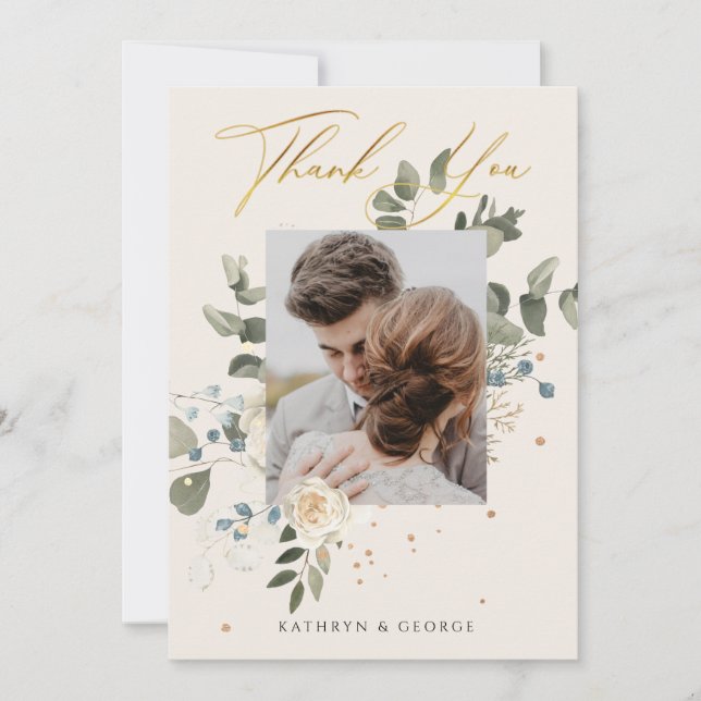 Beautiful Floral Gold Calligraphy Wedding Photo Thank You Card (Front)
