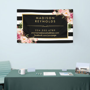 Beautiful Floral Gold Frame Black White Stripes Banner