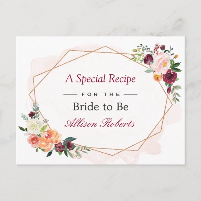 Beautiful Floral Gold Frame Bridal Shower Recipe Postcard (Front)