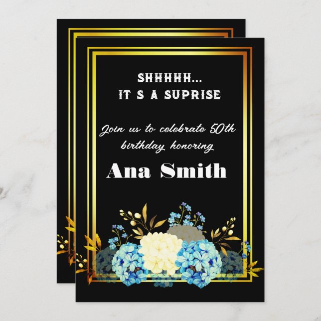 Beautiful floral gold frame, jubilee 50th birthday invitation (Front/Back)