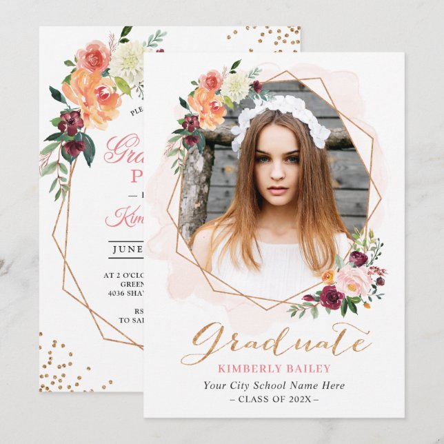 Beautiful Floral Gold Frame Photo Graduation Party Invitation (Front/Back)