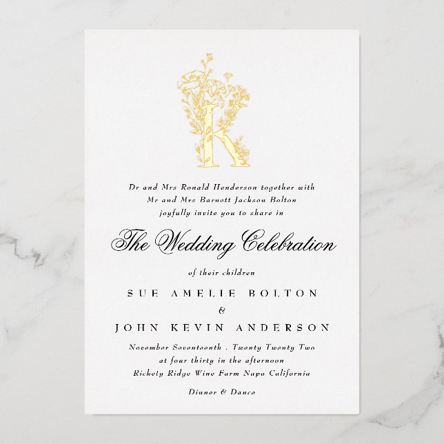 Beautiful Floral GOLD Monogram Sketched Wedding Fo (Front)