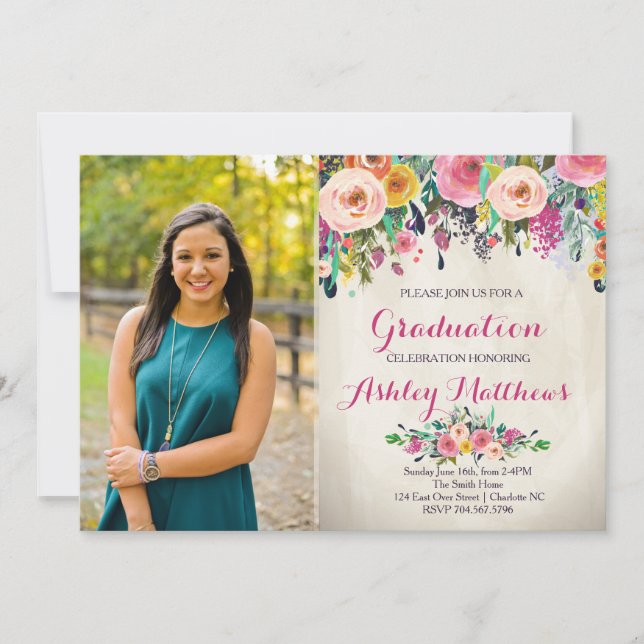 Beautiful Floral Graduation Invitation, Invitation (Front)