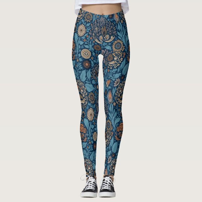 Beautiful Floral in Blue and Beige Leggings (Front)