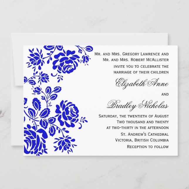 Beautiful Floral in Royal Blue Wedding Invitation (Front)
