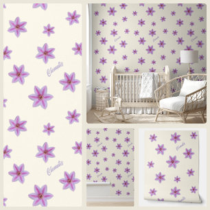 Beautiful Floral Lilac Pink Clematis Floral Cream Wallpaper
