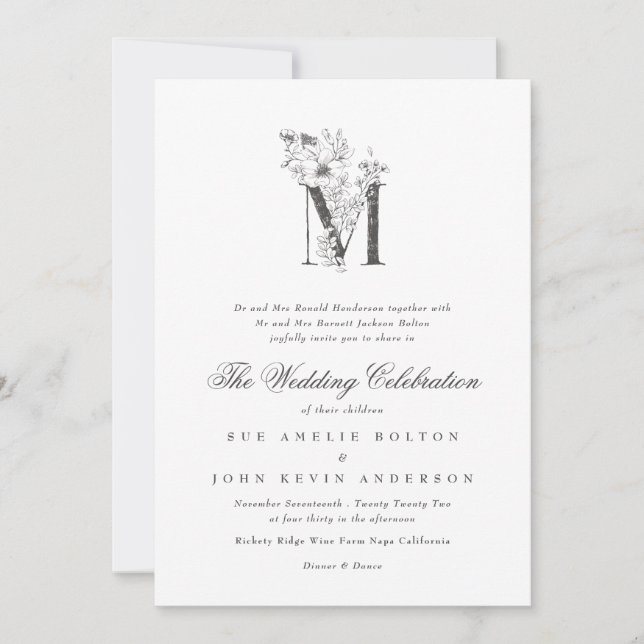 Beautiful Floral 'M' Monogram Sketched Wedding Invitation (Front)