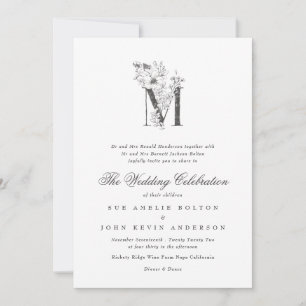 Beautiful Floral 'M' Monogram Sketched Wedding Invitation