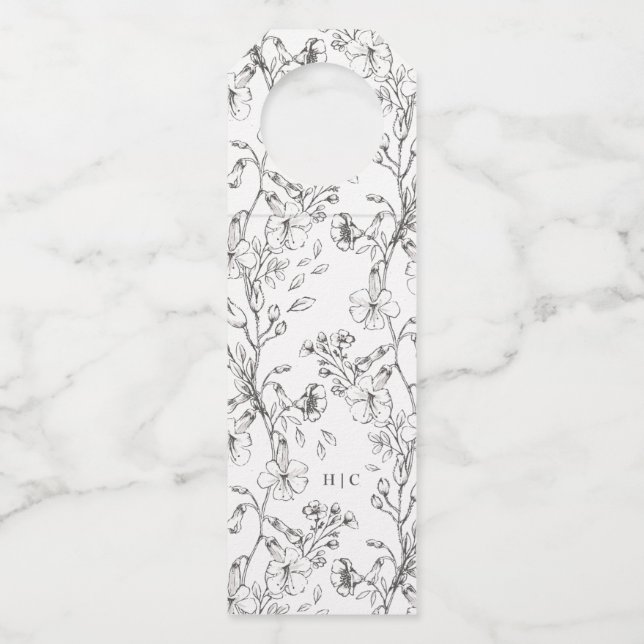 Beautiful Floral Monogram Sketched Wedding Bottle Tag (Front)
