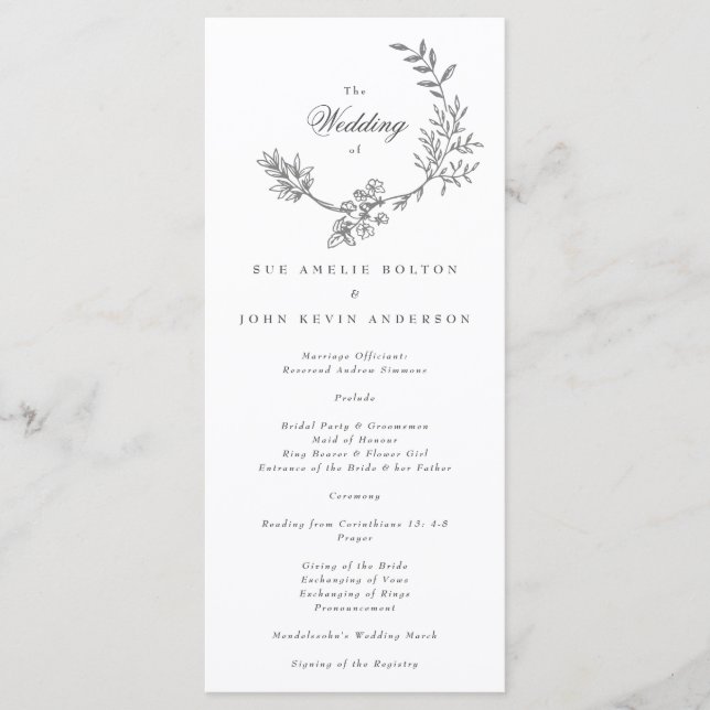 Beautiful Floral Monogram Sketched Wedding Program Programme (Front)