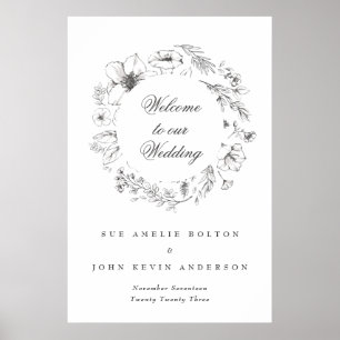 Beautiful Floral Monogram Sketched Wedding Welcome Poster