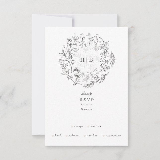 Beautiful Floral Monogram Sketched Wreath 4 option RSVP Card (Front)