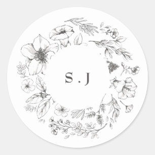 Beautiful Floral Monogram Sketched Wreath Wedding Classic Round Sticker