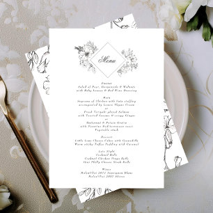 Beautiful Floral Monogram Sketched Wreath Wedding Menu