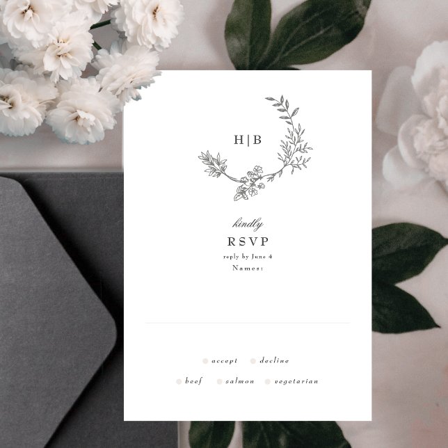 Beautiful Floral Monogram Sketched Wreath Wedding RSVP Card (Creator Uploaded)