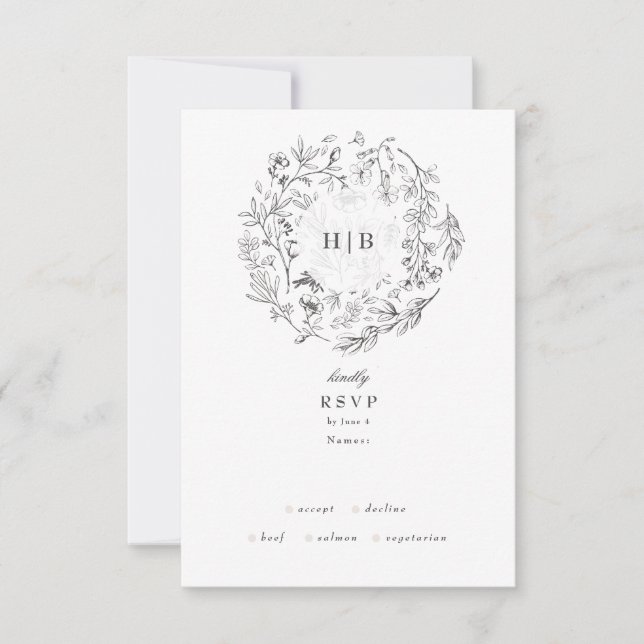 Beautiful Floral Monogram Sketched Wreath Wedding RSVP Card (Front)