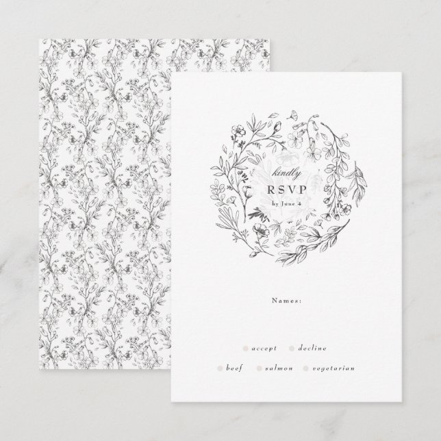 Beautiful Floral Monogram Sketched Wreath Wedding RSVP Card (Front/Back)