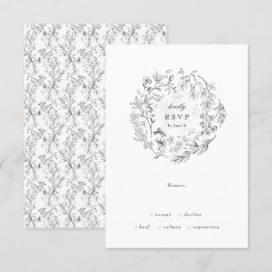 Beautiful Floral Monogram Sketched Wreath Wedding RSVP Card