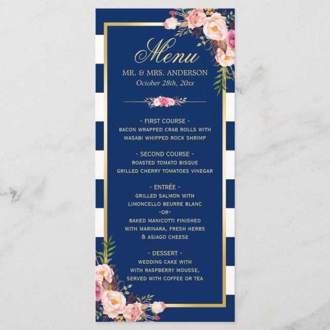 Beautiful Floral Navy Blue Striped Wedding Menu (Front)