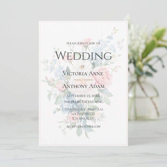 Beautiful Floral Neutral Elegant Wedding  Invitation (Standing Front)