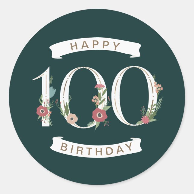 Beautiful Floral Numerals 100th Birthday Classic Round Sticker (Front)