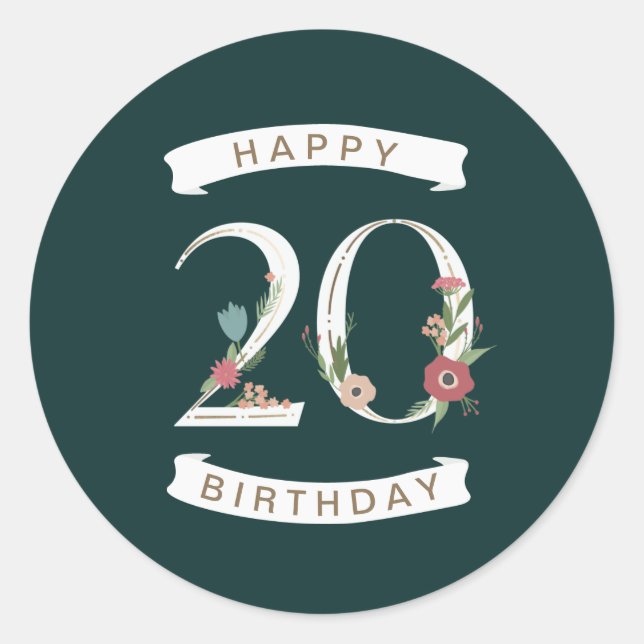 Beautiful Floral Numerals 20th Birthday Classic Round Sticker (Front)