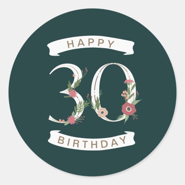 Beautiful Floral Numerals 30th Birthday Classic Round Sticker (Front)