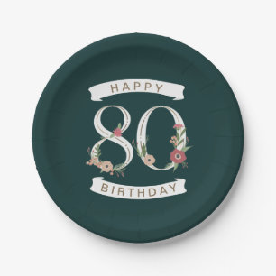 Beautiful Floral Numerals 80th Birthday Paper Plate