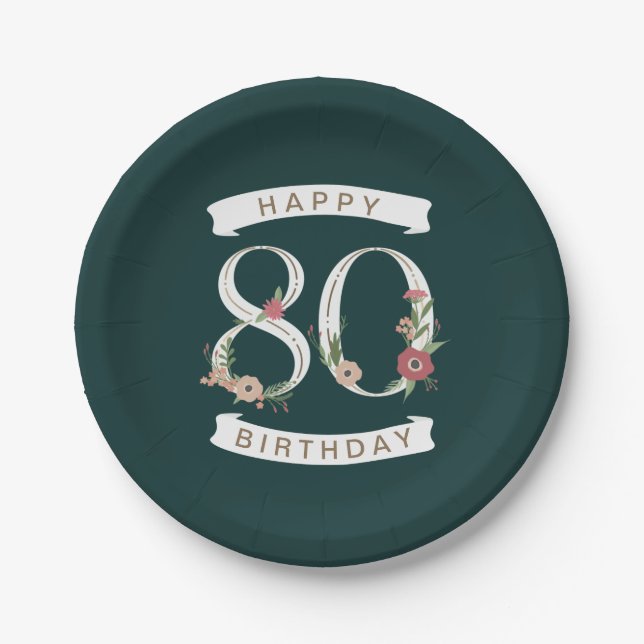 Beautiful Floral Numerals 80th Birthday Paper Plate (Front)