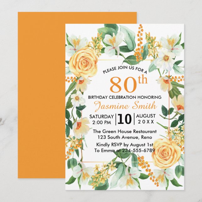 Beautiful Floral Orange 80th Birthday Party Invitation (Front/Back)