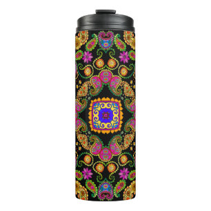 Beautiful floral ornament with bright flowers and thermal tumbler