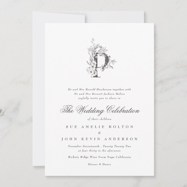 Beautiful Floral 'P' Monogram Sketched Wedding Invitation (Front)