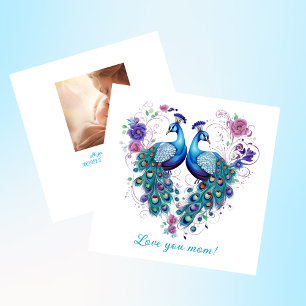 Beautiful Floral Pair of Peacocks Love You Mum Holiday Card