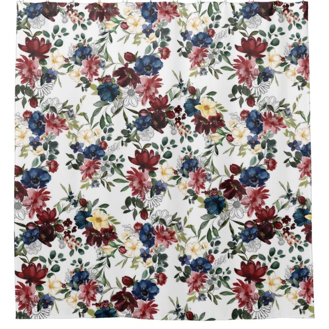Beautiful Floral Pattern Flowers Blue Red Yellow Shower Curtain (Front)