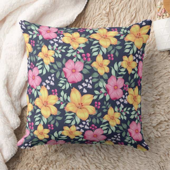 Beautiful Floral Pattern Flowers Foliage Blue Pink Cushion (Blanket)