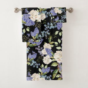 Beautiful Floral Pattern Lilac Roses Foliage Bath Towel Set